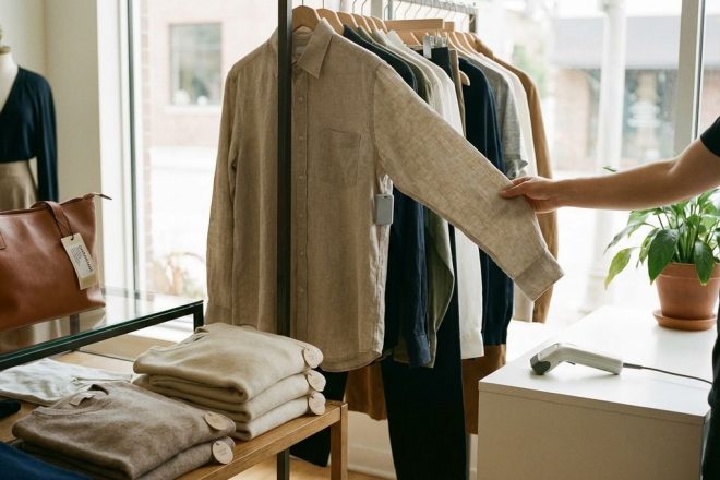Moderne kledingwinkel met RFID-tags op hangende en gevouwen kleding, scanner op witte toonbank, minimalistische inrichting