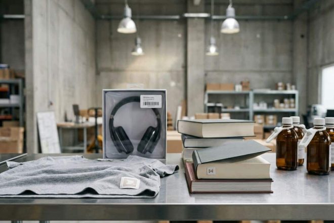 Diverse consumentenproducten met witte RFID-tags op metalen tafel in moderne magazijn