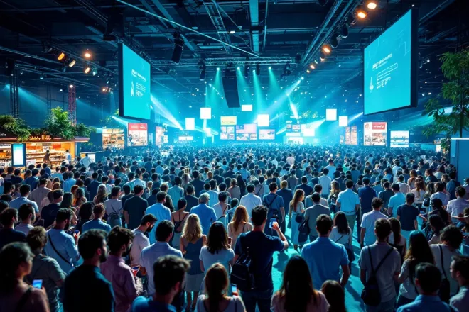 Een levendig evenement met diverse bezoekers die RFID-kaarten gebruiken voor toegang en betalingen, met een futuristisch blauw-groen thema.