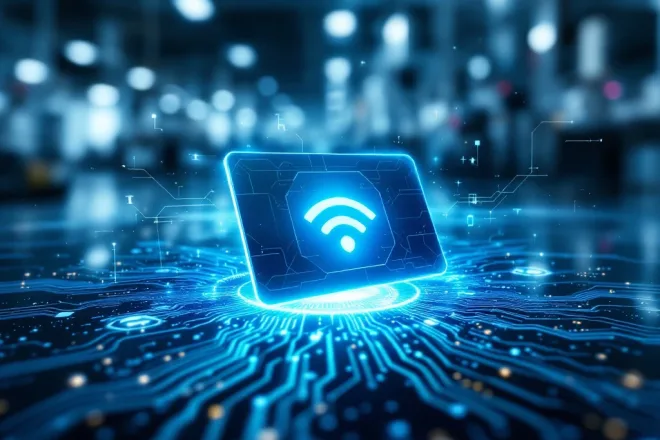 Fotorealistische afbeelding van een RFID-kaart met circuits, omgeven door een gloed in een moderne fabriek, in blauw en zilver.