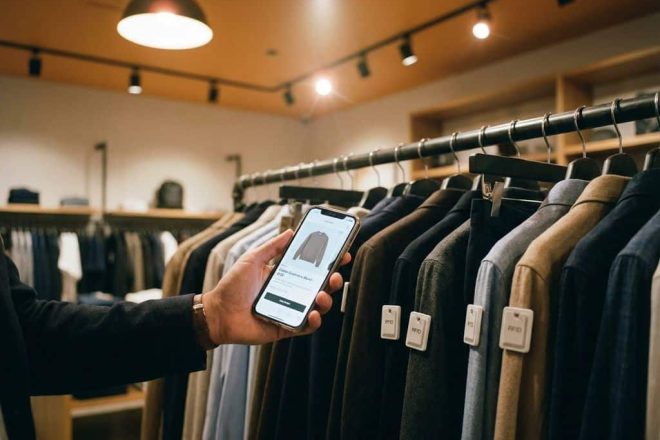 Klant houdt smartphone bij kledingrek met RFID-tags, productinformatie op scherm zichtbaar in moderne winkel