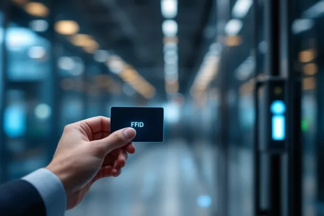 Hand houdt RFID-kaart bij modern toegangspaneel met blauwe gloed, terwijl glazen kantoordeur elektronisch opent, symbolisch voor contactloos toegangsbeheer.