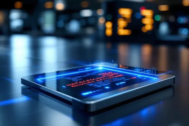 RFID-toegangskaart halfweg in metalen beschermhoes op kantoorbureau, omgeven door blauw digitaal beveiligingsschild dat rode hackingpogingen blokkeert.