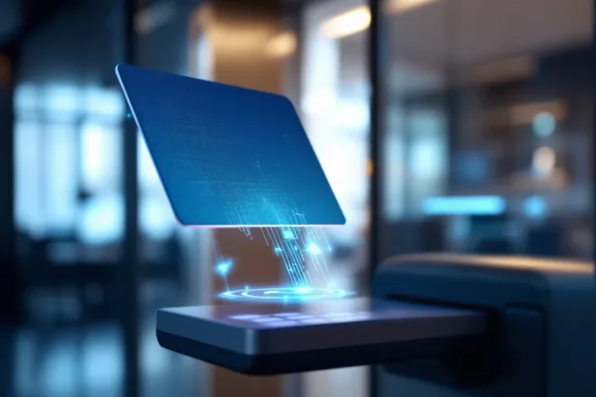 RFID-toegangskaart met zichtbare microchip zweeft boven moderne kaartlezer, blauwe NFC-golven ertussen, tegen achtergrond van professionele beveiligde kantooringang.