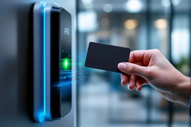 Hand houdt RFID-toegangskaart boven moderne deurlezer met groene bevestigingslicht. Op achtergrond een wazig kantoorlobby met glazen deuren en blauwe accenten.