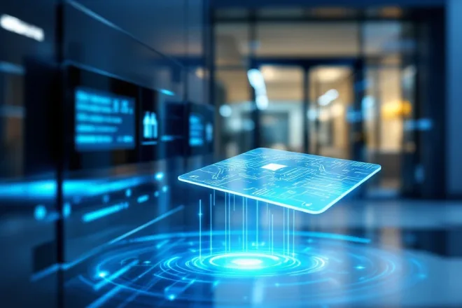 RFID-toegangskaart met digitale signaalgolven zweeft boven een modern gebouwbeheersysteem bij een glazen kantooringang, verlicht door blauwe en witte reflecties.