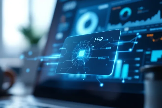 RFID toegangskaart zweeft boven een HR-dashboard met digitale verbindingslijnen die data-integratie symboliseren in professionele werkomgeving