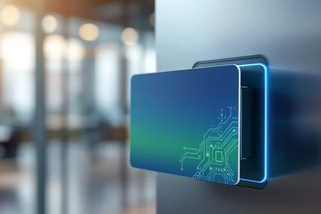 Professionele RFID-toegangskaart, half zichtbaar in kaartlezer, met elektronische circuitpatronen en blauw-groene kleuren tegen een vervaagde moderne kantooromgeving met toegangspoorten.