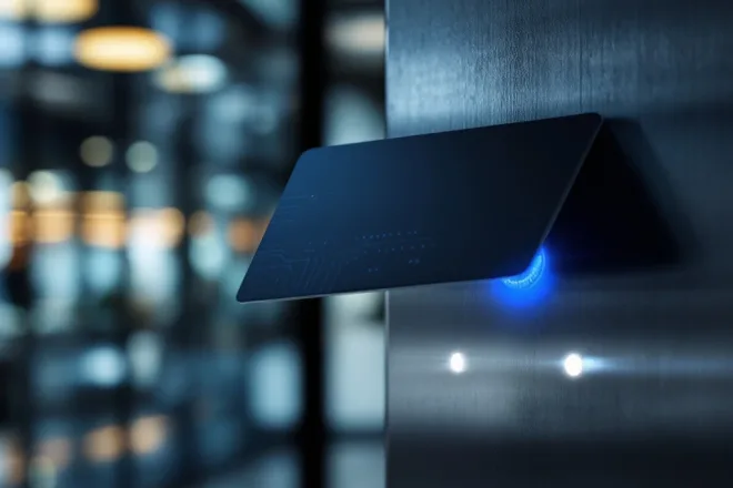 RFID-toegangskaart met zichtbare circuits zweeft boven moderne kantoordeurlezer met blauwe scanverlichting in een professionele lobbyomgeving.