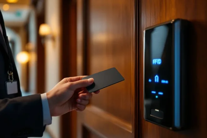 RFID-toegangskaart zweeft bij moderne kaartlezer naast houten kantoordeur, met subtiele blauwe gloed en traditionele architectuur op de achtergrond.