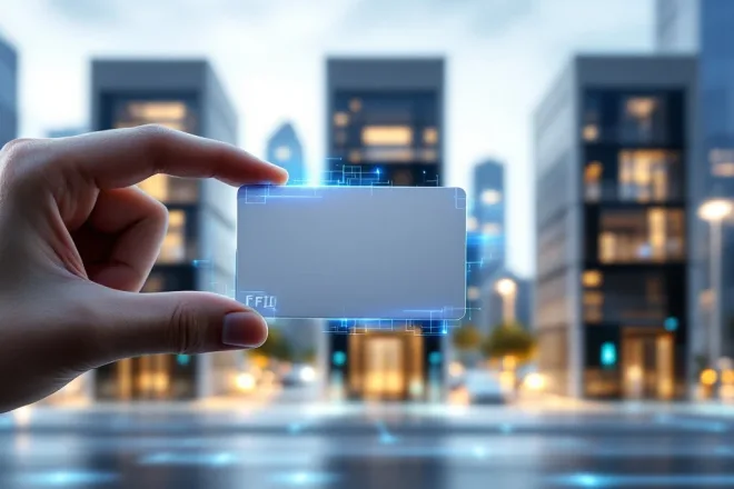 RFID-toegangskaart zendt blauwe golven uit terwijl een hand deze bij een gebouwentree houdt. Drie kantoorgebouwen tonen groene ontgrendelingsindicatoren, verbonden door digitale lijnen.