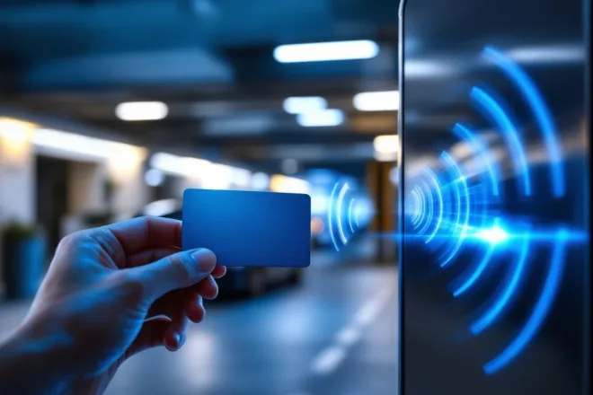 RFID toegangskaart met zichtbare blauwe golven bij parkeergarage-ingang, halfopen slagboom en wachtende luxe auto in koele blauwtinten.