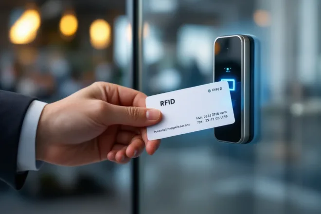 Gepersonaliseerde RFID-toegangskaarten met diverse designs en bedrijfslogo's op een bureau, vingers pakken één kaart op met RFID-lezer op achtergrond.