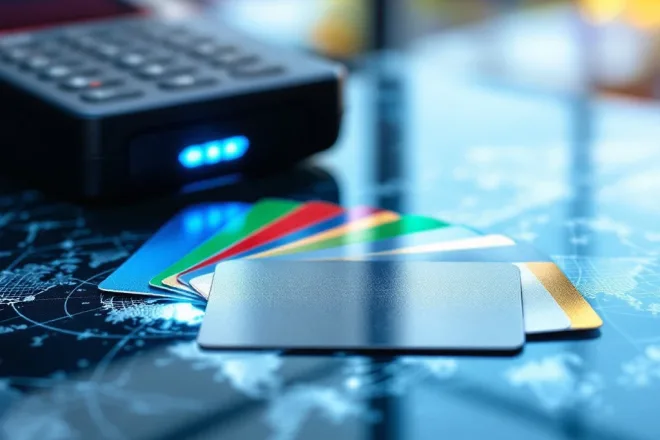 RFID-toegangskaarten met gekleurde randen in waaiervorm op een bureau, met een wereldkaart in matglas en een kaartlezer met blauw verificatielicht.