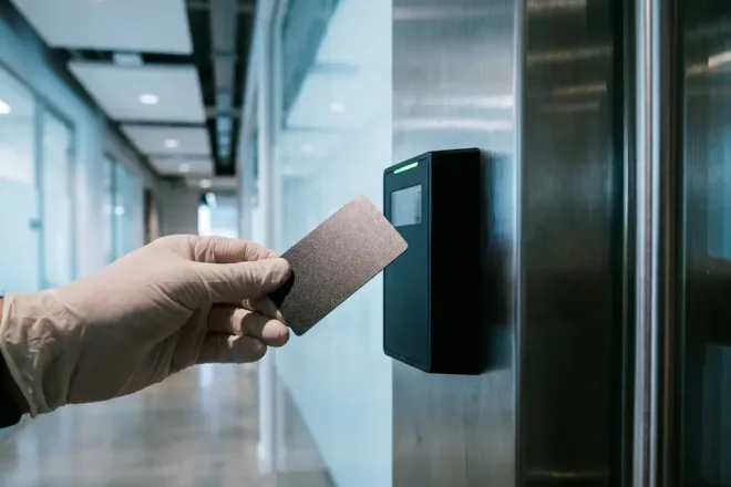 RFID-toegangspas wordt tegen een matte zwarte kaartlezer op een stalen deurpaneel gehouden in een moderne kantoorgang.