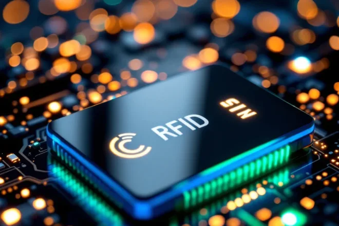 Moderne RFID-toegangspas zwevend boven kantoor met kleurreflecties voor toegang, betaling en tijdregistratie nabij verlichte deurleeseenheid.