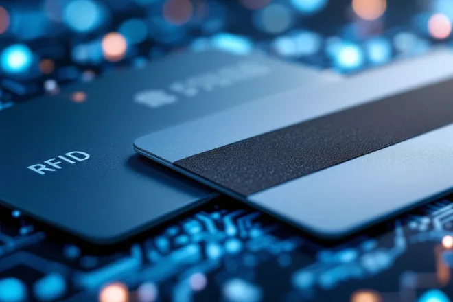 Close-up van een moderne RFID-kaart naast een traditionele magneetstripkaart, tegen een achtergrond van digitale circuits in blauw en zilver.