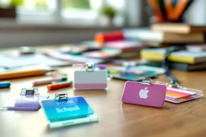 Diverse schoolnaambadges op houten bureau: kleurrijke clip-badges, magnetische metalen badges en lanyard ID-kaarten
