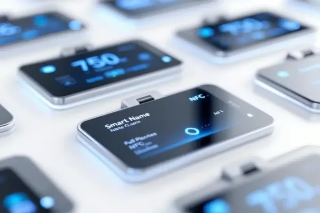 Moderne slimme naamkaartjes met LED-indicatoren en digitale displays op witte ondergrond, professionele technologie