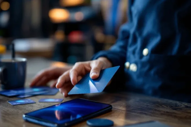 Professioneel spaarkaartensysteem op modern kassasysteem met blauwe loyaliteitskaart, smartphone-app en hand die een kaart scant in winkelomgeving.