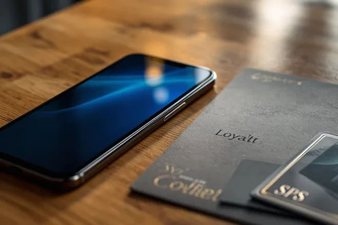 Smartphone met digitale spaarkaart naast elegante fysieke loyaliteitskaart op houten tafel, met stapel kaarten die digitale transitie tonen.