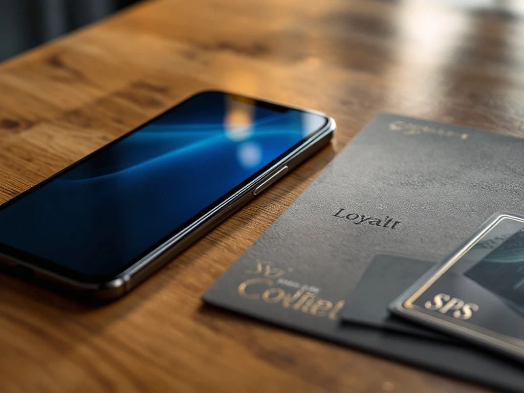 Smartphone met digitale spaarkaart naast elegante fysieke loyaliteitskaart op houten tafel, met stapel kaarten die digitale transitie tonen.