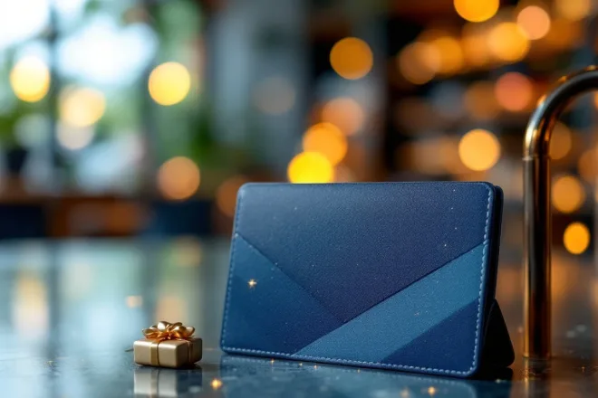 Elegante gepersonaliseerde spaarkaart in luxe portemonnee met kleine loyaliteitsbeloningen ernaast tegen een zachte bokeh-achtergrond van een modern winkelinterieur.