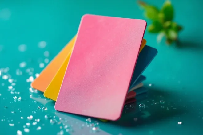 Plastic spaarkaarten in verschillende slijtagestadia, waaierachtig gerangschikt op glanzend oppervlak, met een kleine groene plant als duurzaam alternatief.