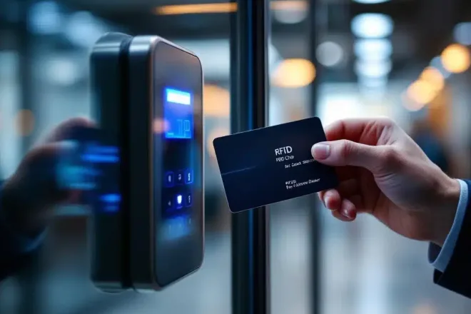 Studentenkaart met RFID-chip bij elektronische kaartlezer op glazen deur met blauwe LED-verlichting in universiteitsgang