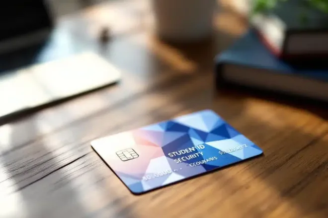 Studentenpas met holografische beveiligingselementen op houten bureau naast laptop, koffie en studieboeken