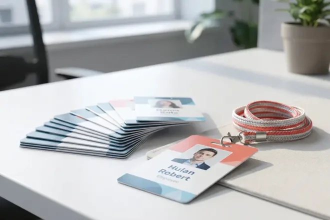 Stapel verse medewerkersbadges uitgewaaierd op wit bureau, één badge losliggend, met kantoorlanyard en zacht natuurlijk licht.