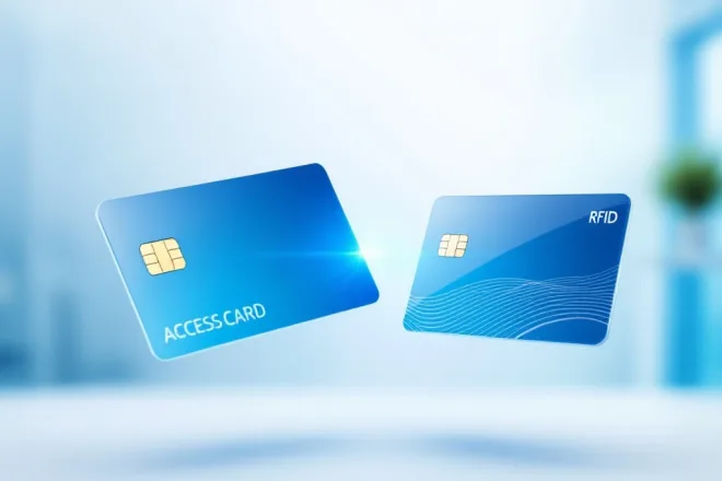 Twee toegangskaarten in minimalistische kantooromgeving: links een smartcard met gouden chipcontact, rechts een contactloze RFID-kaart met blauwe draadloze communicatiegloed.