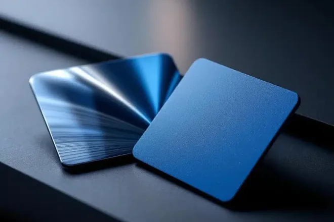 Twee zakelijke toegangspassen naast elkaar, één met glanzende en één met matte afwerking op donkere ondergrond