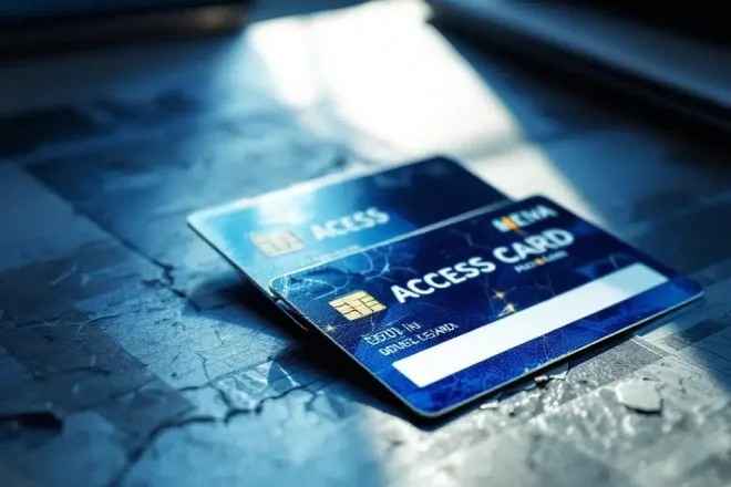 Versleten en nieuwe toegangspassen op bureauoppervlak tonen contrast in kwaliteit en slijtage