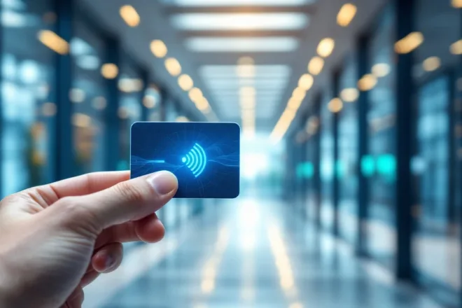Hand houdt blauwe RFID-toegangspas voor scanner met groen licht in een moderne kantoorgang, omringd door kleurrijke toegangskaarten en meerdere scanpunten.