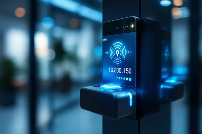 RFID-kaart zweeft boven moderne kaartlezer op glazen kantoordeur, omgeven door kleurrijke radiogolven en subtiele blauwe gloed.