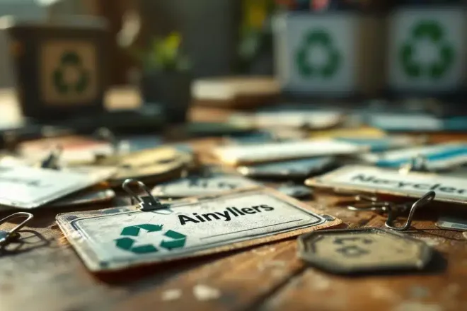 Vintage naamkaartjes op houten bureau met recycling containers, duurzame afvalverwerking voor kantoorbenodigdheden