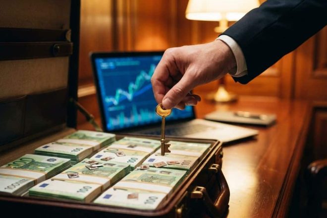 Zakenman plaatst gouden sleutel in koffer vol eurobiljetten met RFID-chips, laptop met grafieken op achtergrond