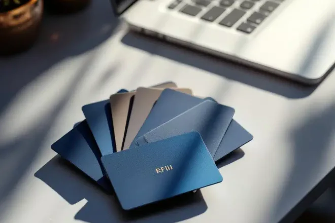 Luxe gepersonaliseerde visitekaartjes en RFID-toegangspassen op modern bureau met laptop in bedrijfskleuren blauw en zilver