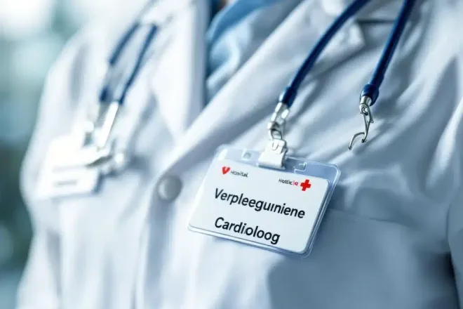 Zorgverlener naamkaartjes op witte medische jas met afdelingen Verpleegkundige en Cardioloog zichtbaar